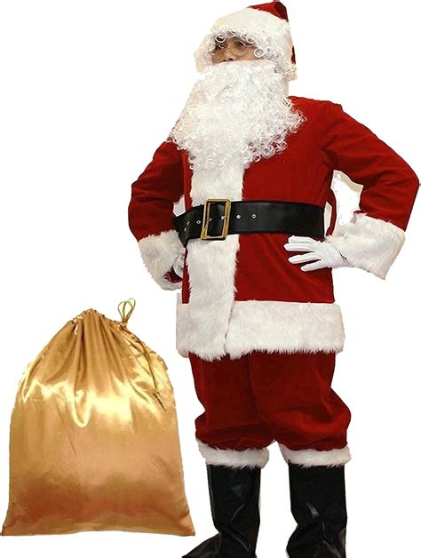 Santa Suit Christmas Costume Set Include Inflatable Fake Belly, Santa Wig, Beard and Hat, Glasses and Gloves 6 Pieces for Christmas Cosplay Decoration. . Amazon santa suit costume